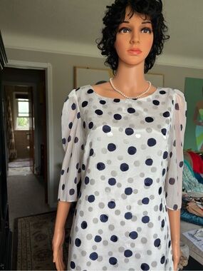 Karl Lagerfeld White Polka Dot Dress with Navy & Silver Dots